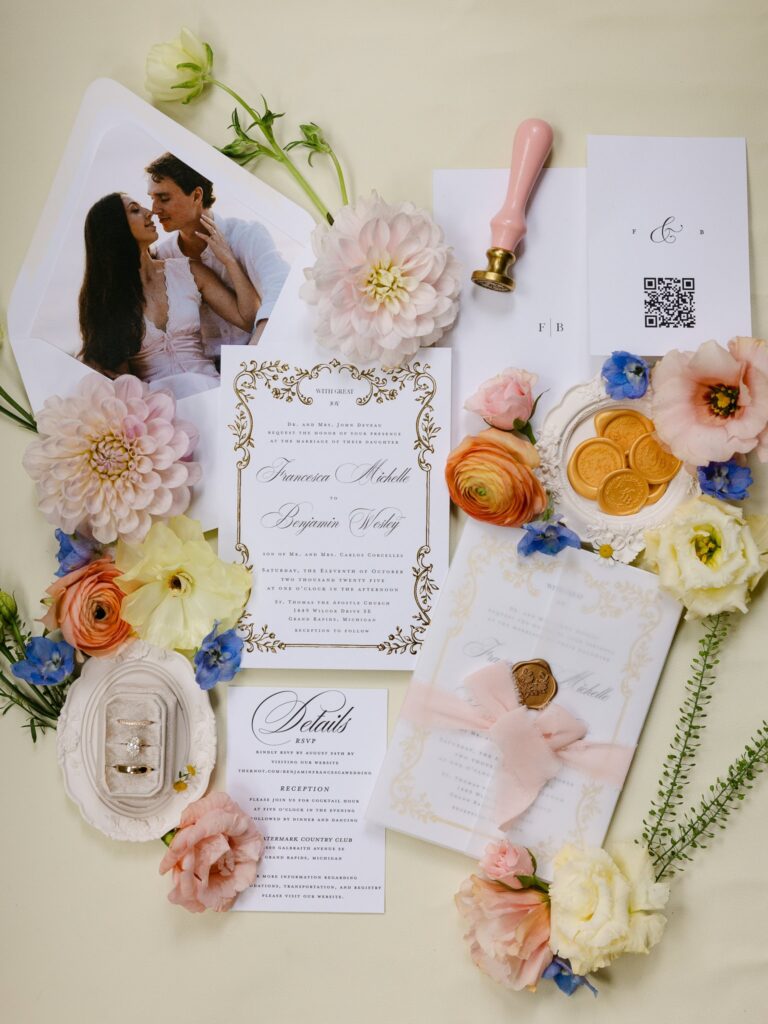 Wedding invitation flat lay details 